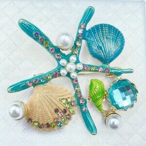Colorful Blue Green Starfish Faux Pearl & Shell Enamel Fashion Brooch pin 2"